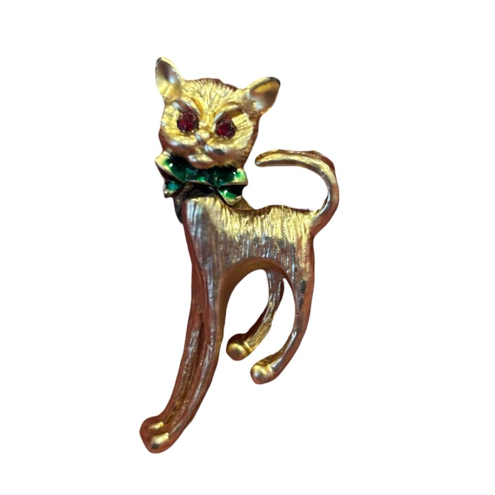 Vintage 1950s Articulated Cat Brooch Gold Tone Figural Red Rhinestone Kitsch